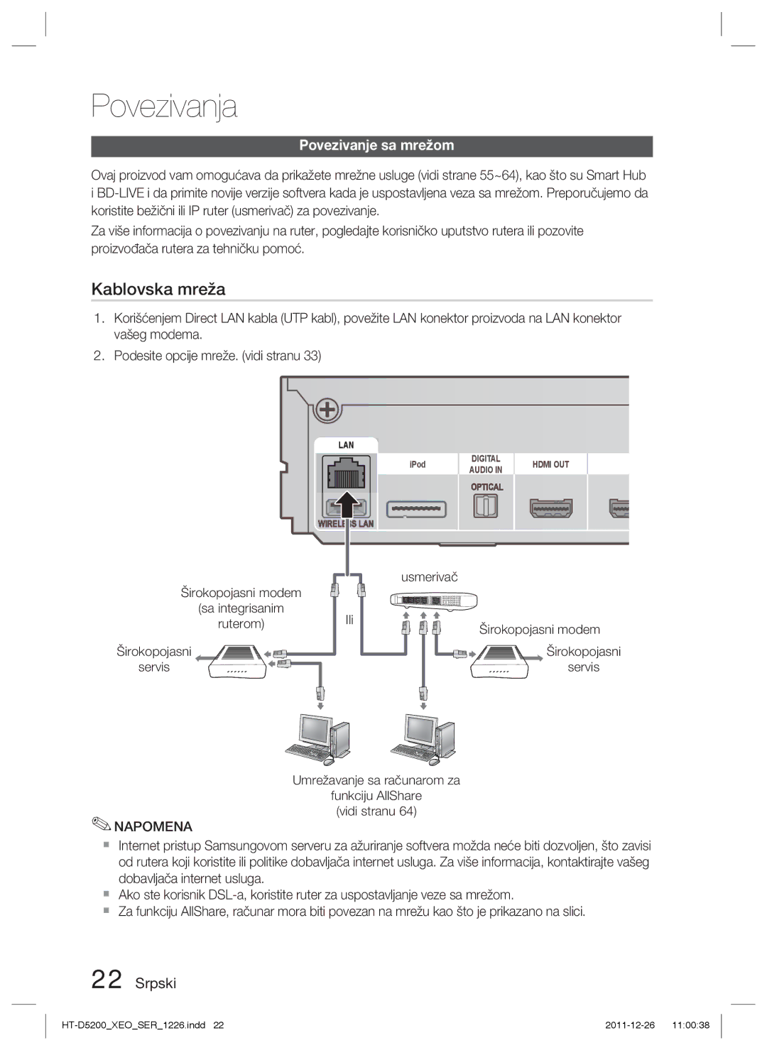 Samsung HT-D5200/EN manual Povezivanje sa mrežom, Širokopojasni modem Sa integrisanim Ruterom Servis 