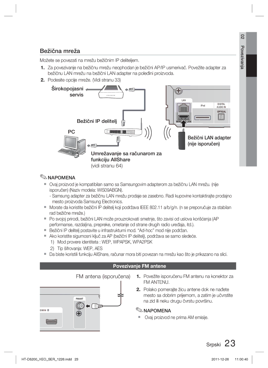 Samsung HT-D5200/EN manual FM antena isporučena, Povezivanje FM antene, FM Antenu 