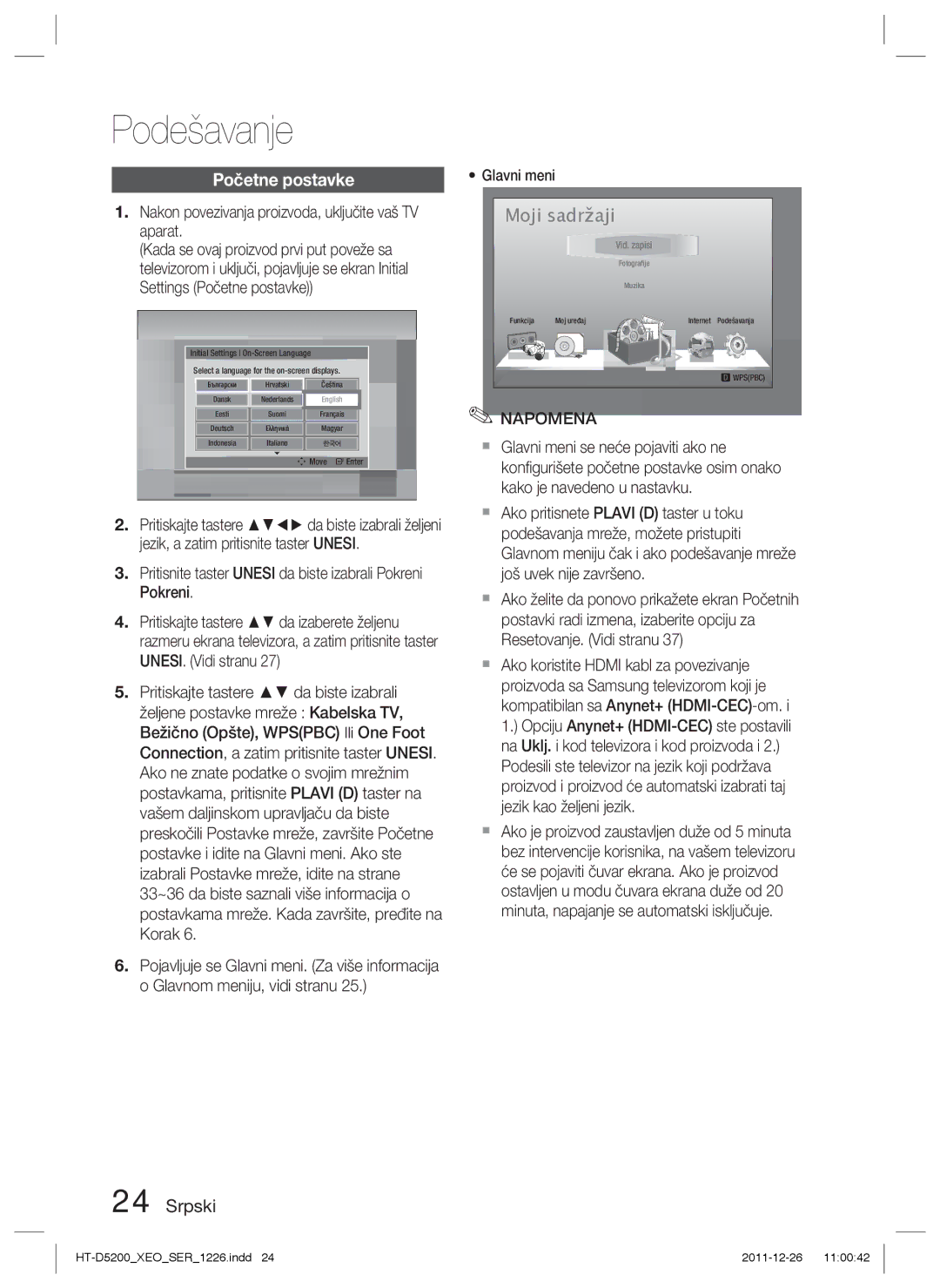 Samsung HT-D5200/EN manual Podešavanje, Početne postavke, Nakon povezivanja proizvoda, uključite vaš TV aparat, Glavni meni 