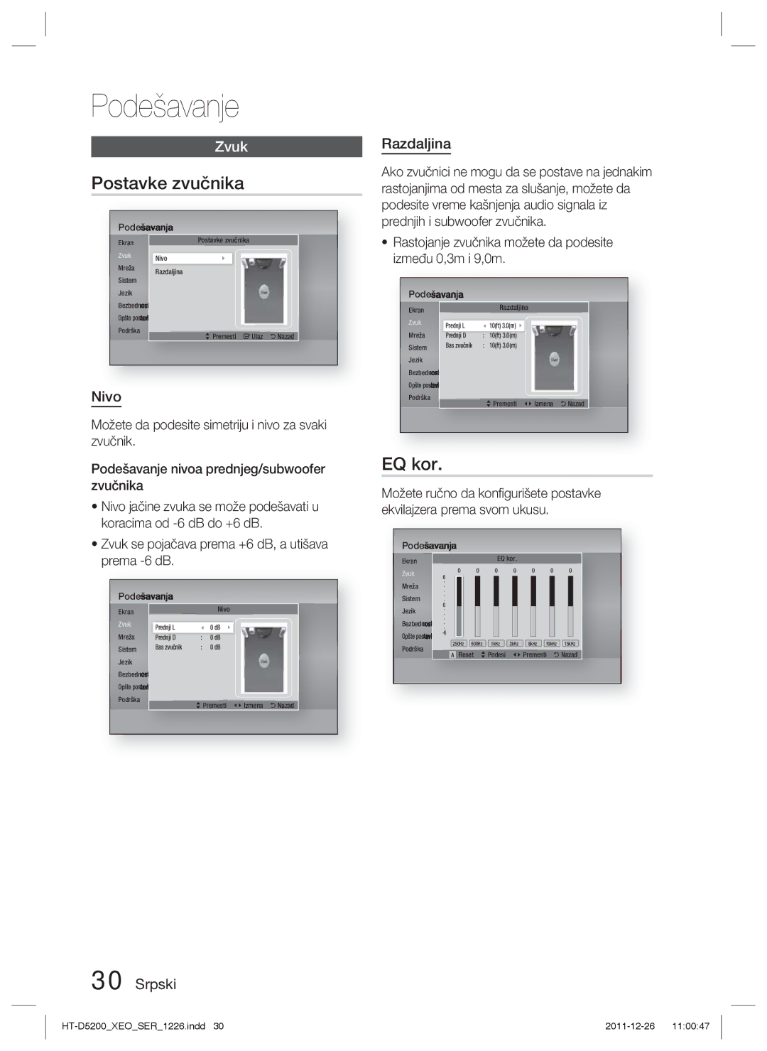 Samsung HT-D5200/EN manual Postavke zvučnika, EQ kor, Nivo, Srpski Razdaljina 