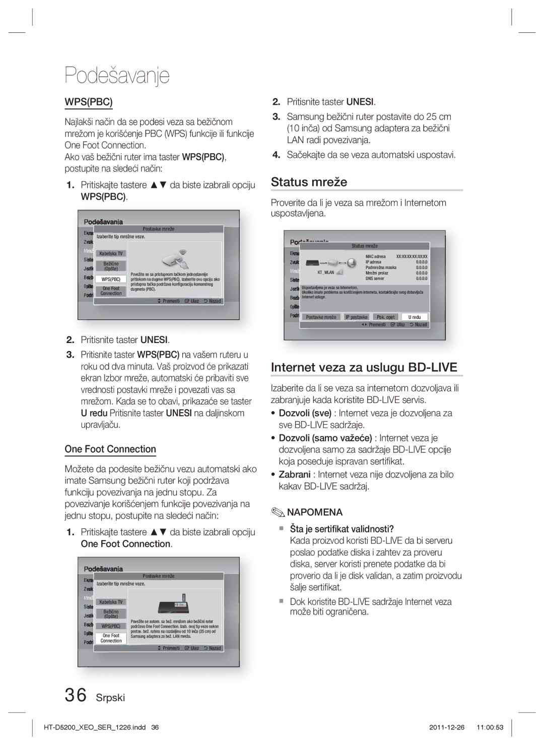 Samsung HT-D5200/EN manual Status mreže, Internet veza za uslugu BD-LIVE 