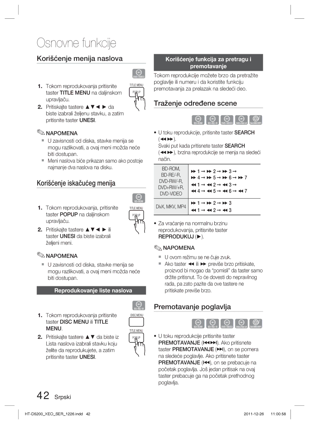 Samsung HT-D5200/EN manual Korišćenje menija naslova, Traženje određene scene, Korišćenje iskačućeg menija 