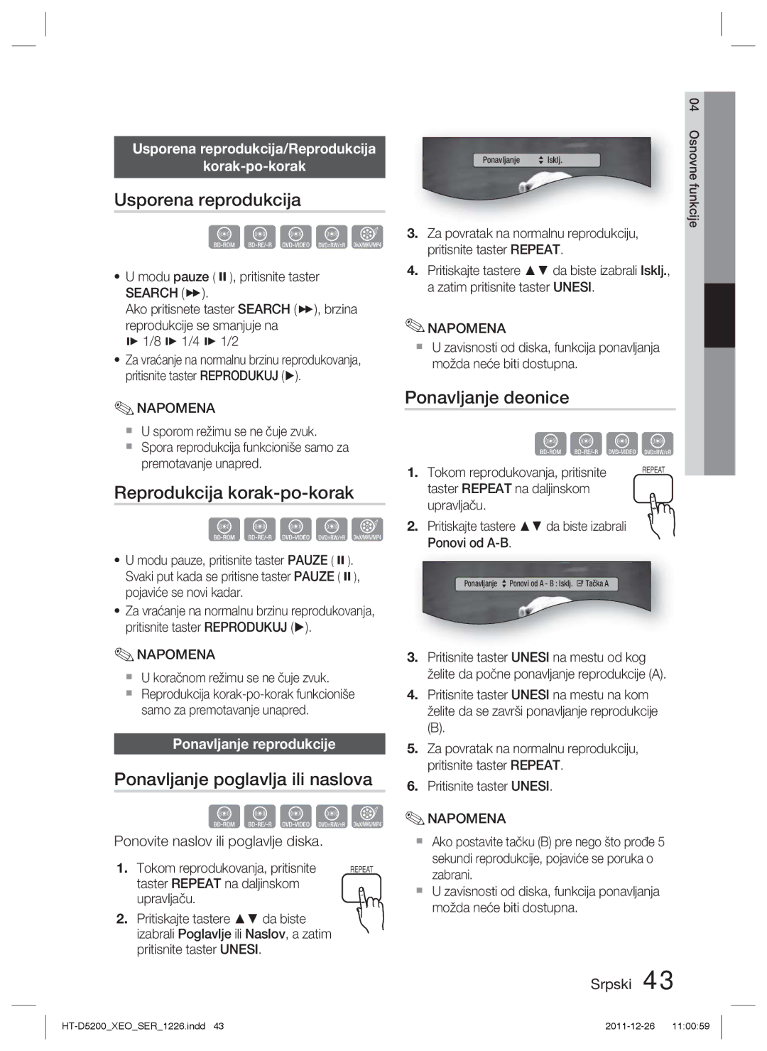 Samsung HT-D5200/EN manual Usporena reprodukcija, Reprodukcija korak-po-korak, Ponavljanje poglavlja ili naslova 