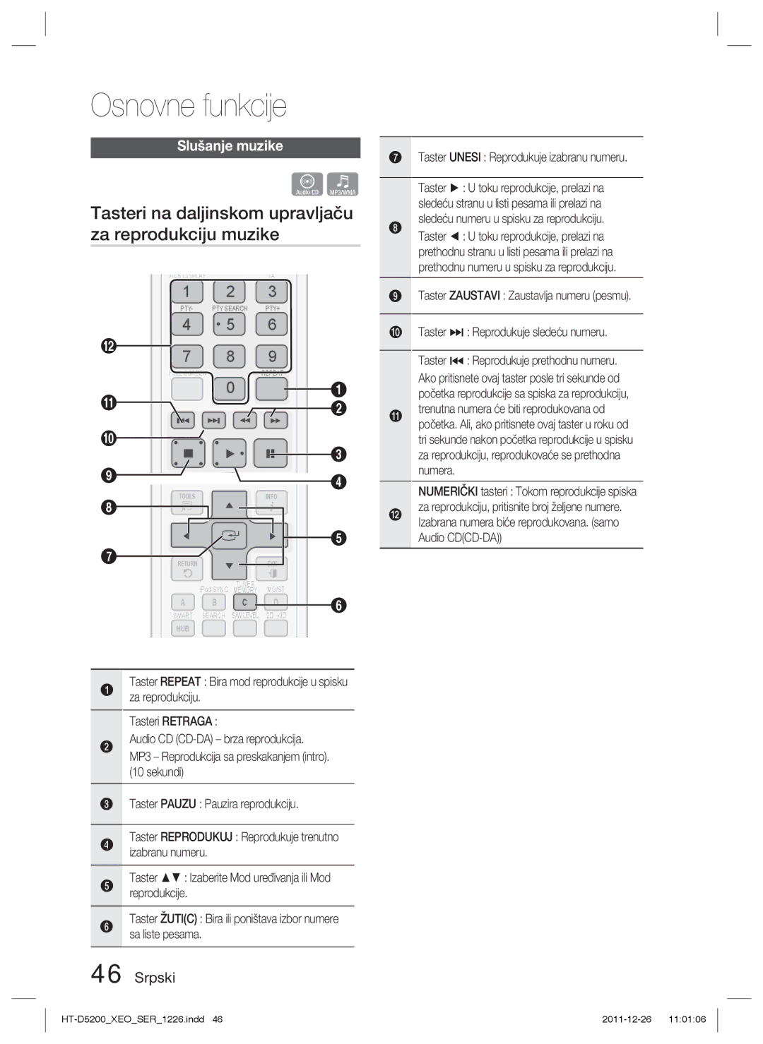 Samsung HT-D5200/EN manual Tasteri na daljinskom upravljaču za reprodukciju muzike, Slušanje muzike 