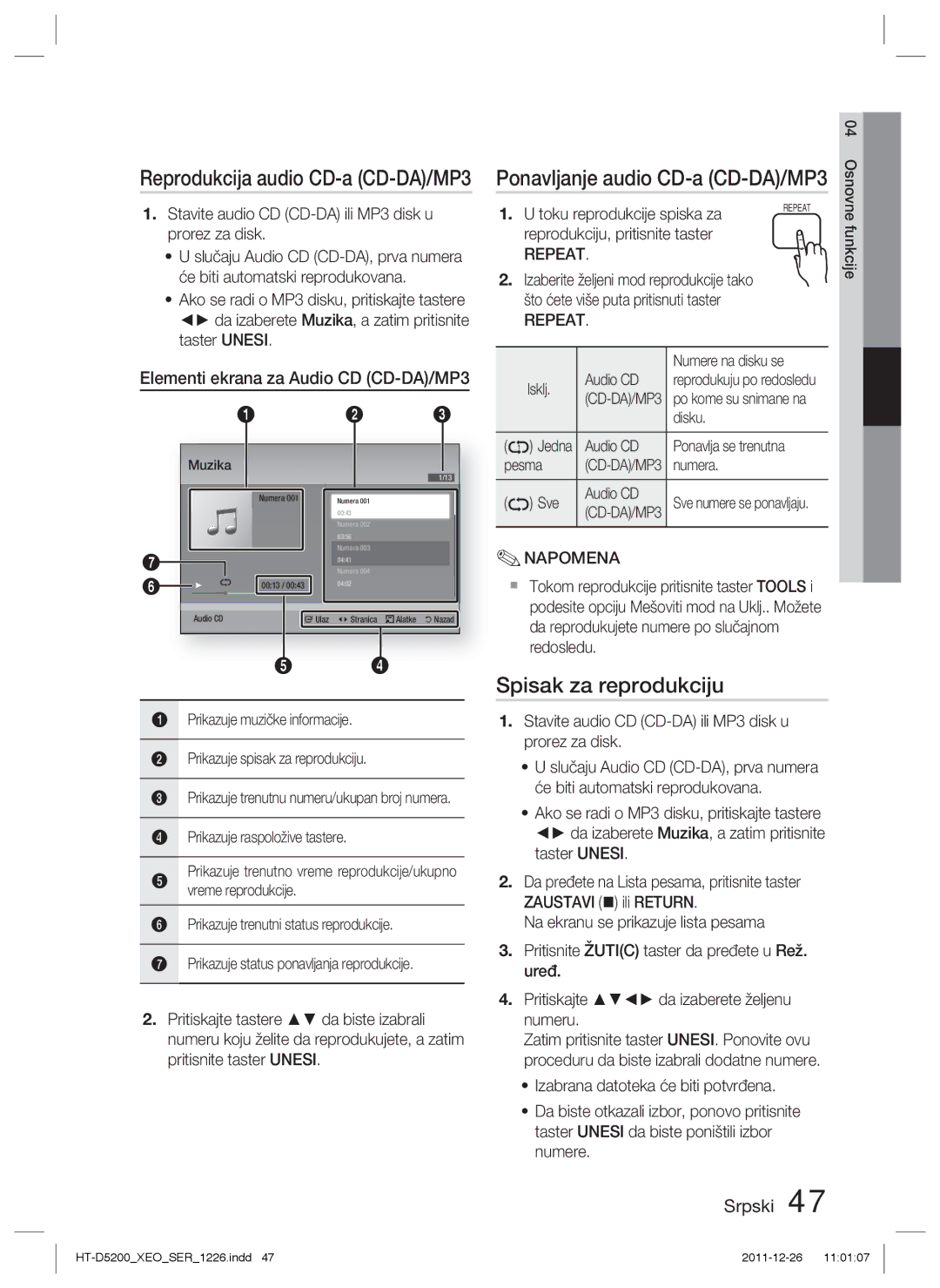 Samsung HT-D5200/EN manual Spisak za reprodukciju, Elementi ekrana za Audio CD CD-DA/MP3 