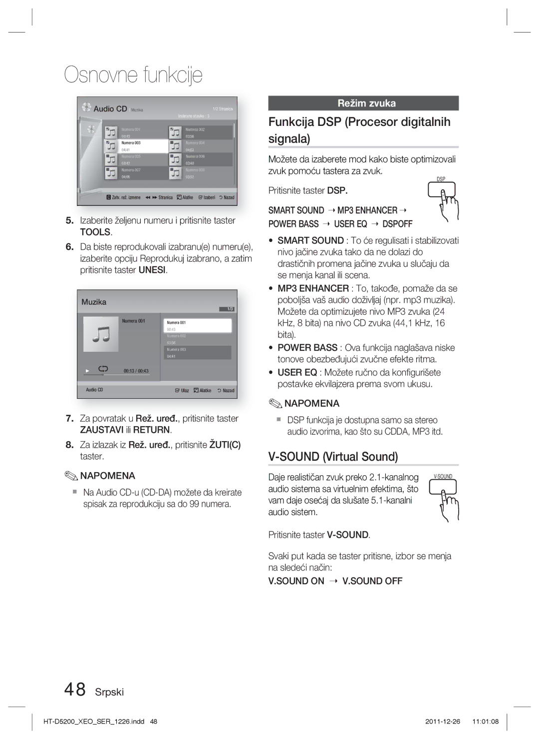 Samsung HT-D5200/EN Funkcija DSP Procesor digitalnih signala, Sound Virtual Sound, Režim zvuka, Pritisnite taster DSP 