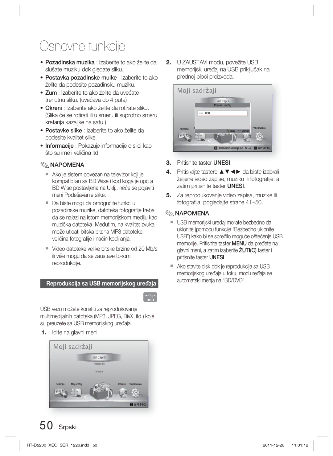 Samsung HT-D5200/EN manual Idite na glavni meni, Reprodukcija sa USB memorijskog uređaja 