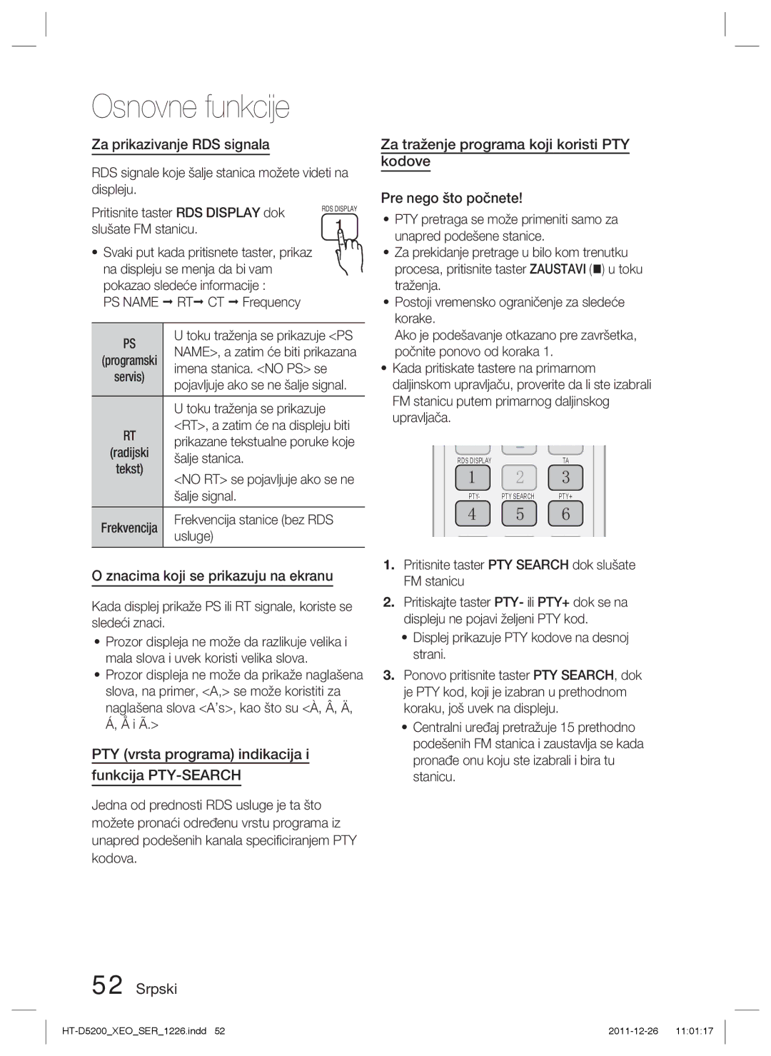 Samsung HT-D5200/EN manual Za prikazivanje RDS signala, Znacima koji se prikazuju na ekranu 