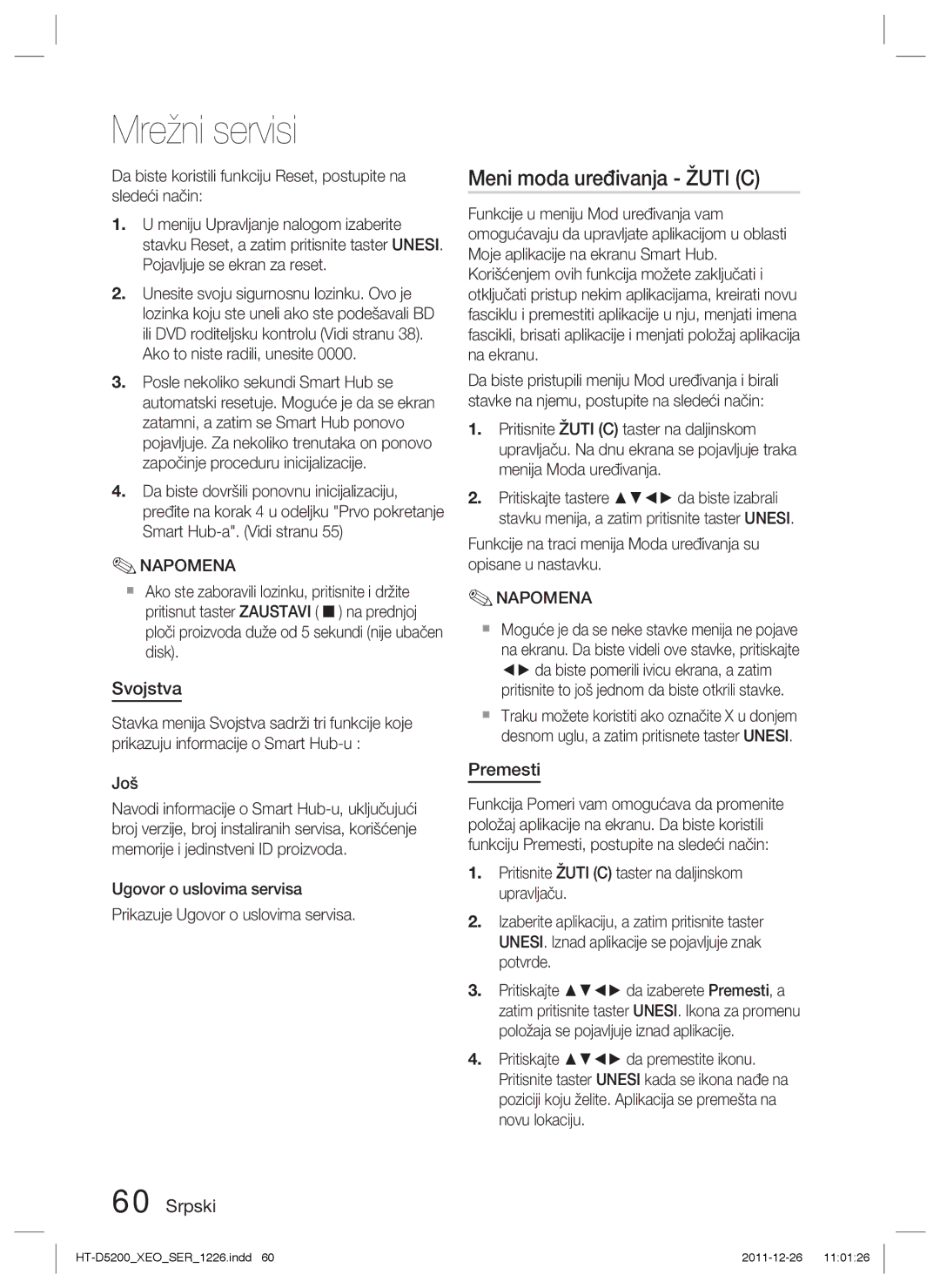 Samsung HT-D5200/EN manual Meni moda uređivanja Žuti C, Svojstva, Premesti 