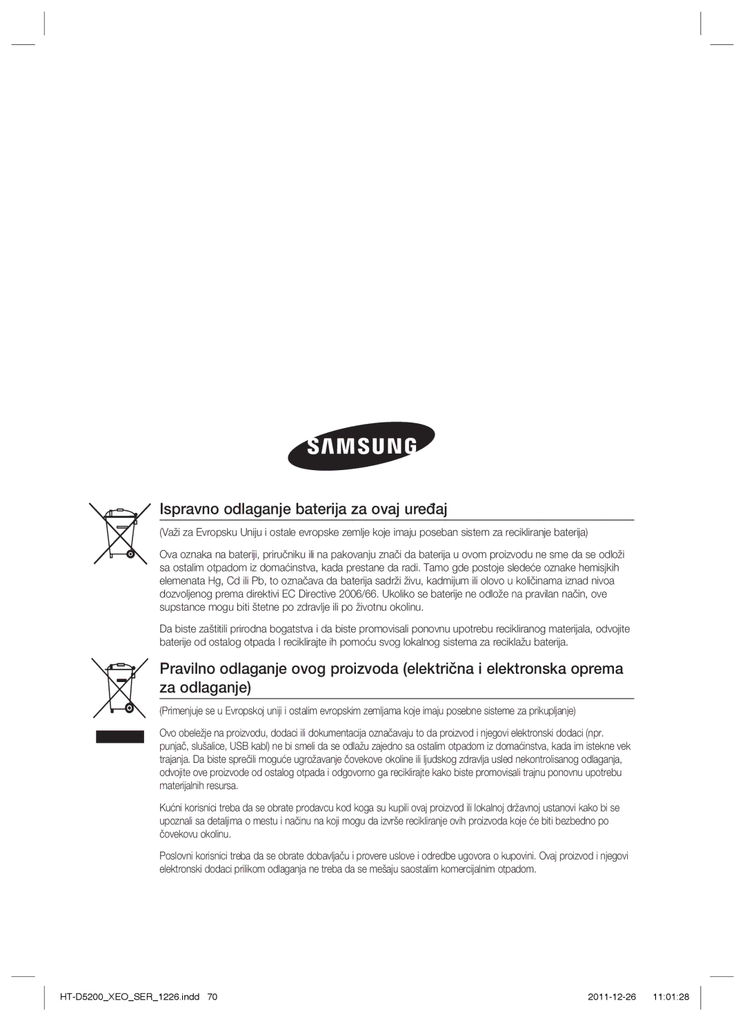 Samsung HT-D5200/EN manual Ispravno odlaganje baterija za ovaj uređaj 