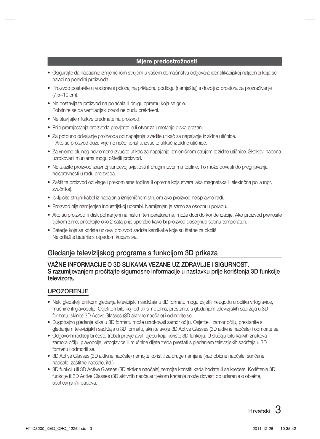 Samsung HT-D5200/EN manual Gledanje televizijskog programa s funkcijom 3D prikaza, Mjere predostrožnosti 