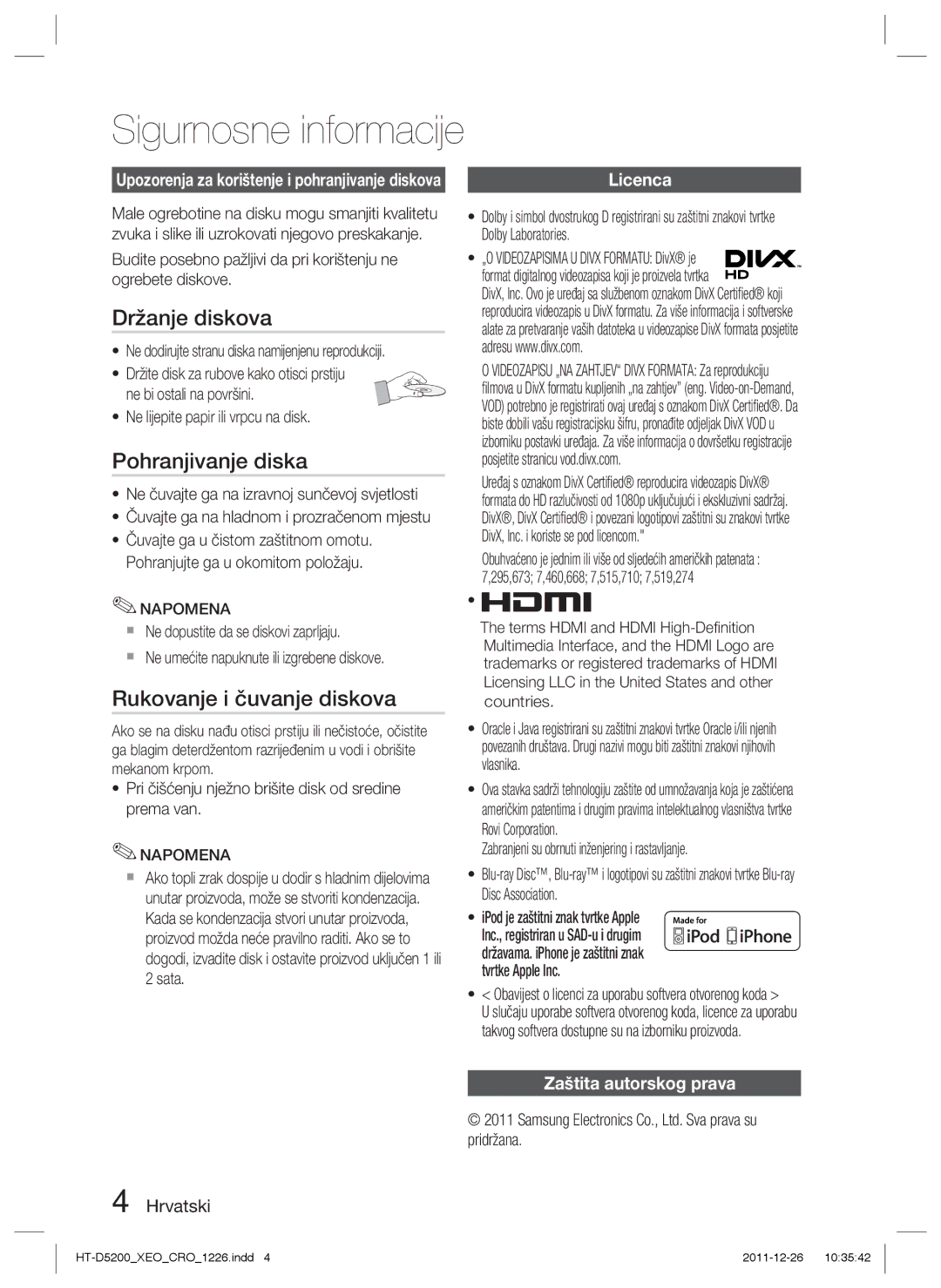 Samsung HT-D5200/EN manual Pohranjivanje diska, Zaštita autorskog prava 