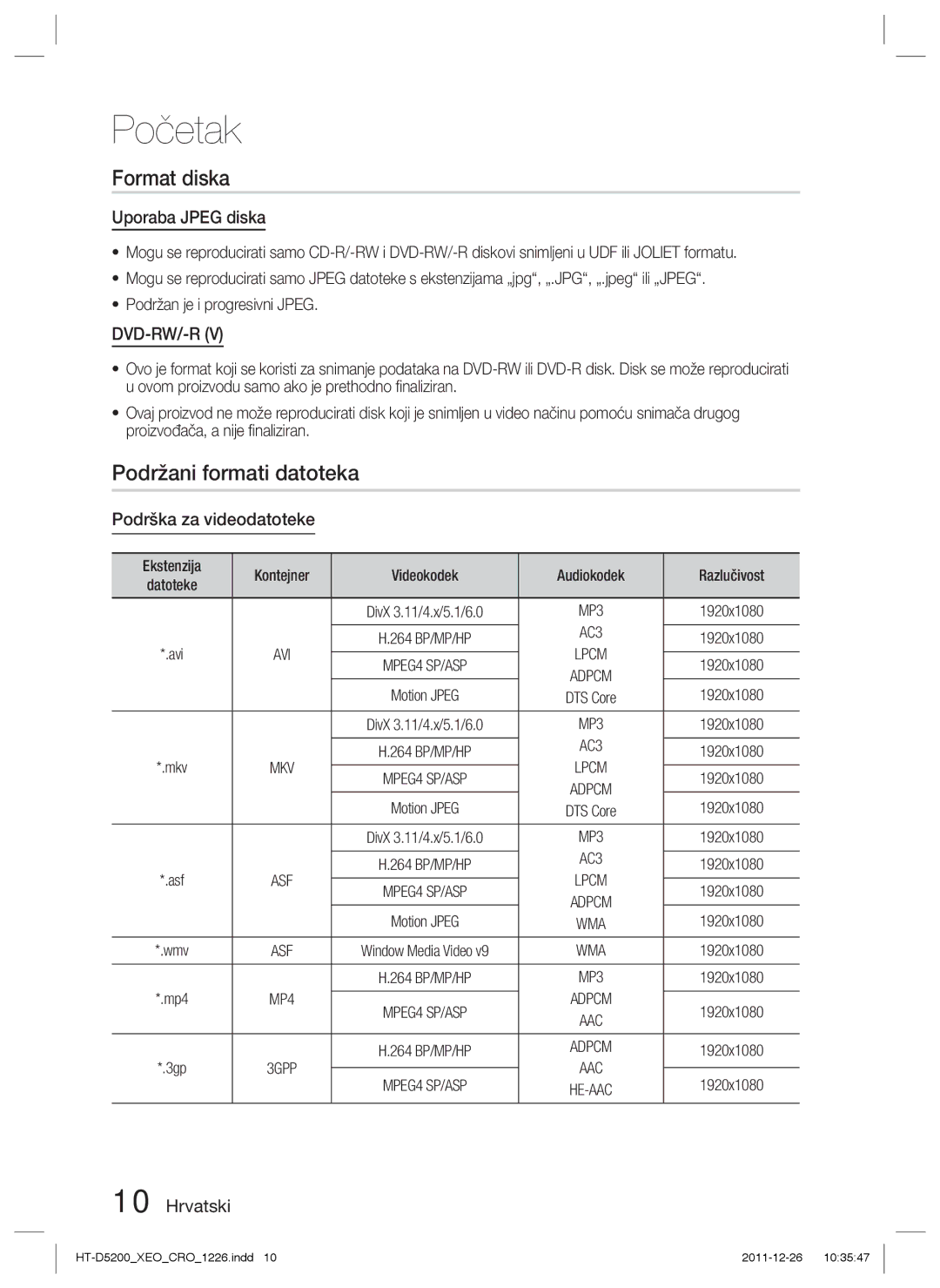 Samsung HT-D5200/EN Uporaba Jpeg diska, Podrška za videodatoteke, Ekstenzija Kontejner Videokodek Audiokodek Razlučivost 