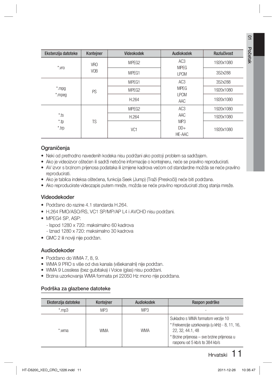 Samsung HT-D5200/EN manual Videodekoder, Audiodekoder, Podrška za glazbene datoteke 