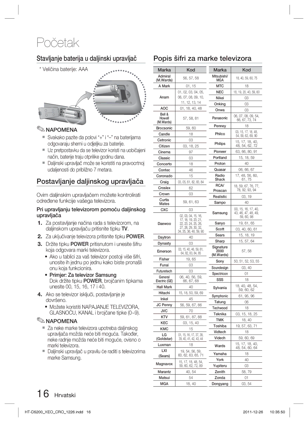 Samsung HT-D5200/EN manual Popis šifri za marke televizora, Postavljanje daljinskog upravljača 