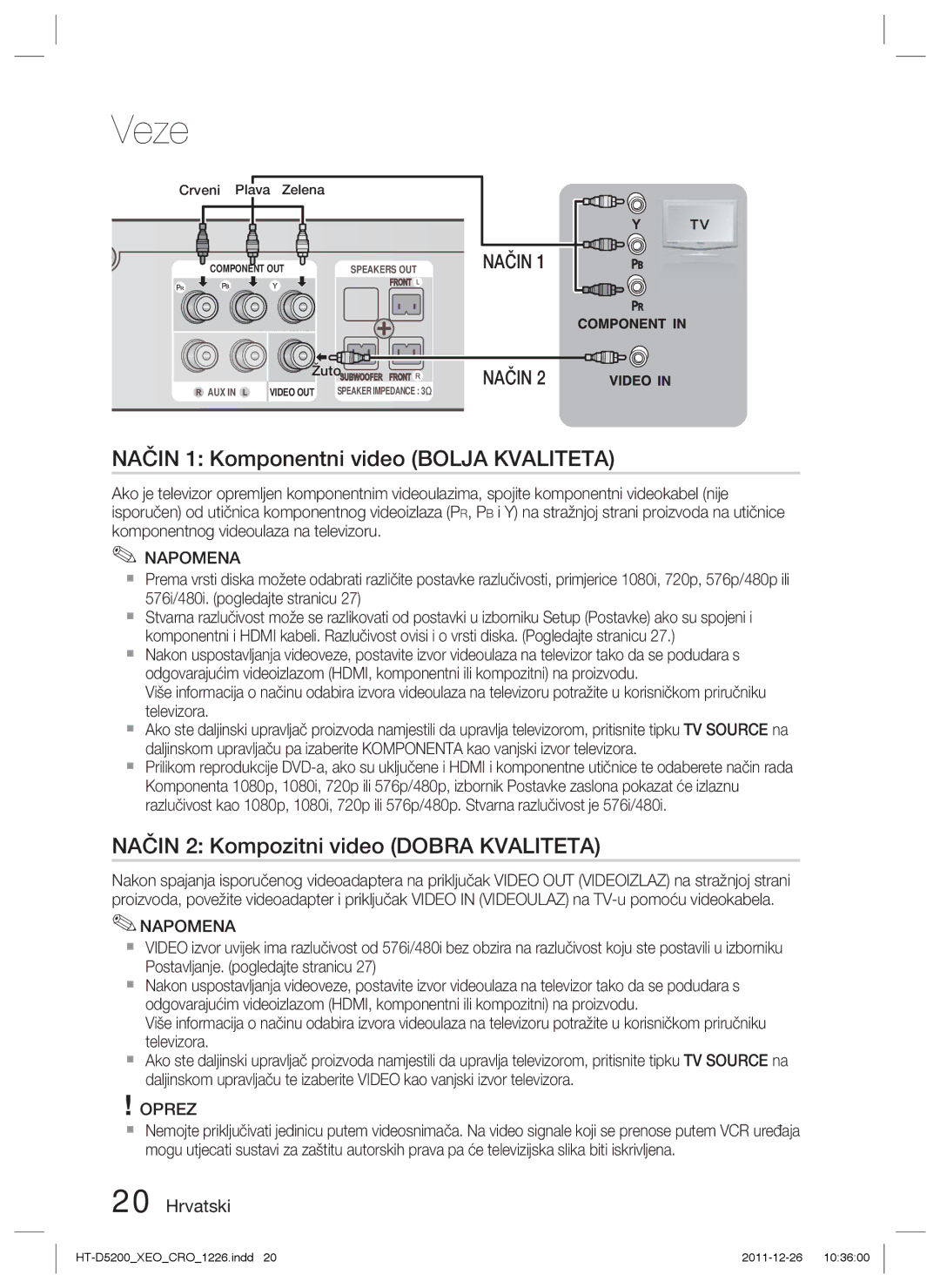 Samsung HT-D5200/EN manual Način 1 Komponentni video Bolja Kvaliteta, Način 2 Kompozitni video Dobra Kvaliteta 