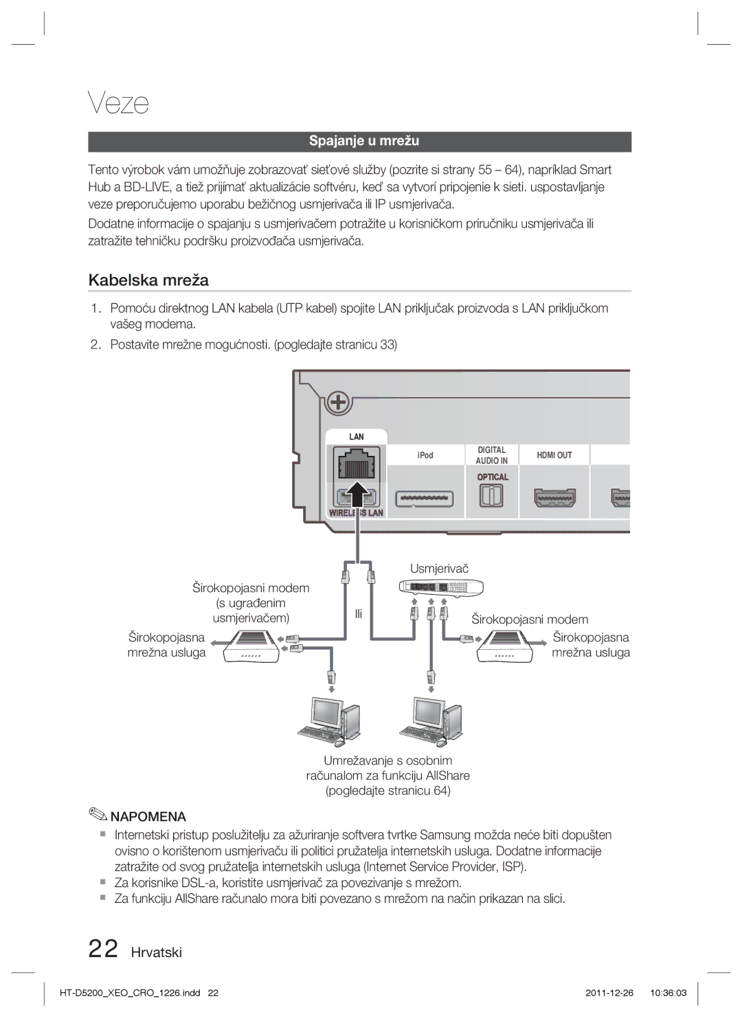 Samsung HT-D5200/EN manual Spajanje u mrežu, Ili, Širokopojasna mrežna usluga, Širokopojasni modem Ugrađenim, Usmjerivačem 