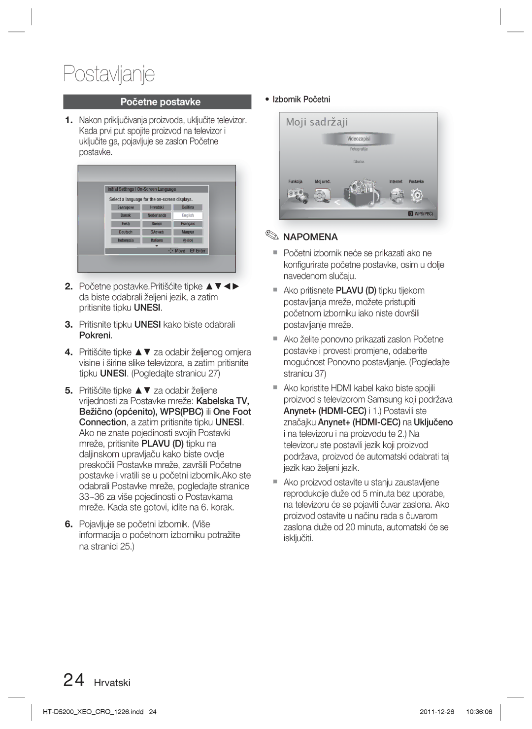 Samsung HT-D5200/EN manual Postavljanje, Početne postavke 