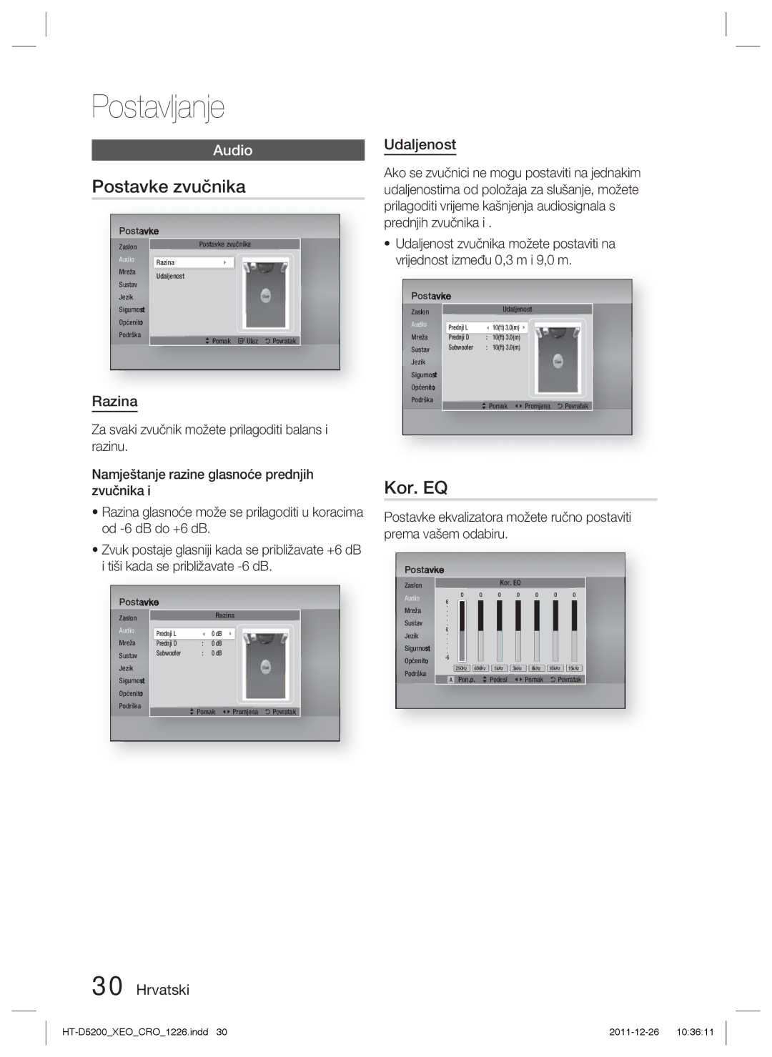 Samsung HT-D5200/EN manual Kor. EQ, Razina, Hrvatski Udaljenost 