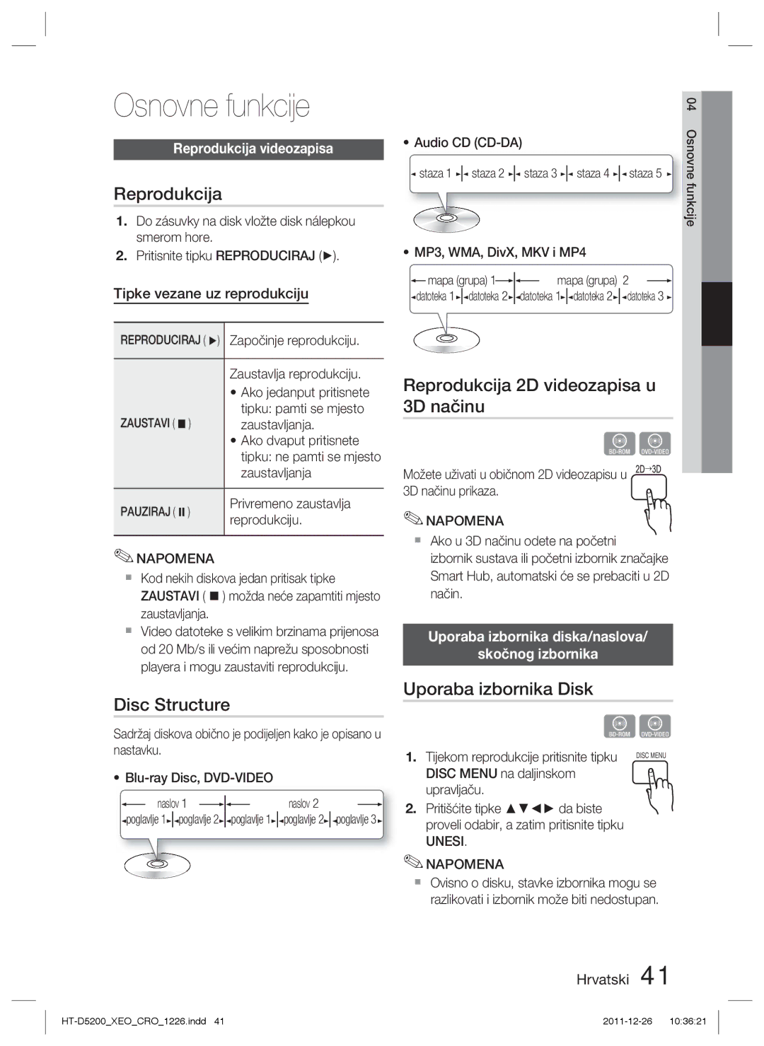 Samsung HT-D5200/EN manual Reprodukcija 2D videozapisa u 3D načinu, Uporaba izbornika Disk, Reprodukcija videozapisa 