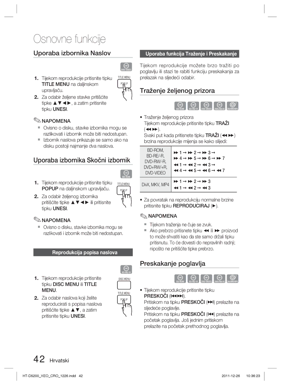 Samsung HT-D5200/EN manual Uporaba izbornika Naslov, Traženje željenog prizora, Uporaba izbornika Skočni izbornik 