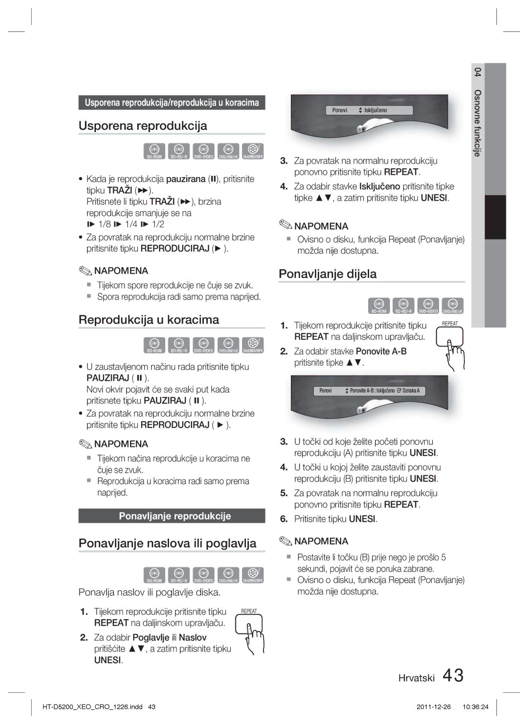 Samsung HT-D5200/EN manual Reprodukcija u koracima, Ponavljanje naslova ili poglavlja, Ponavljanje dijela 