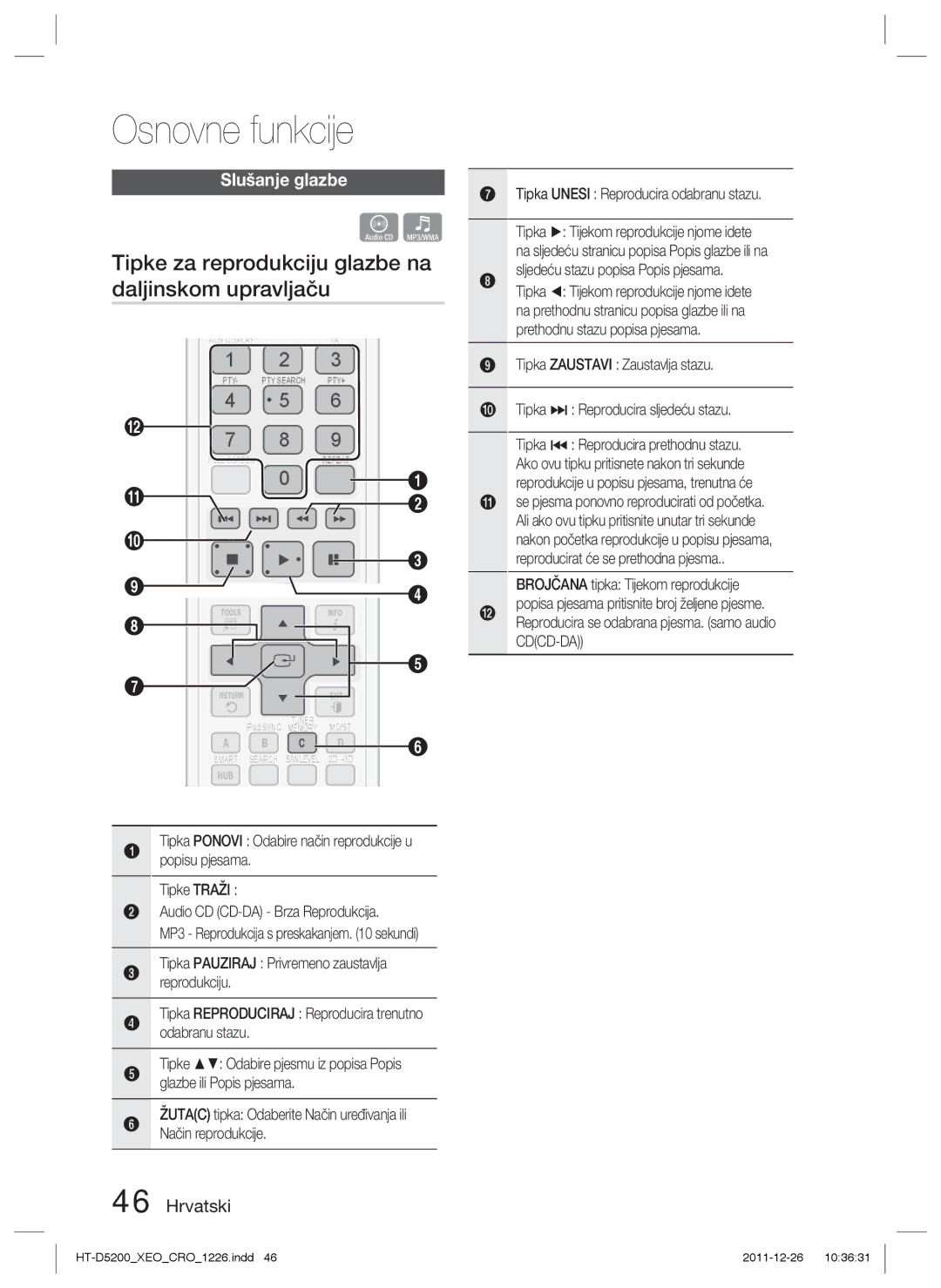 Samsung HT-D5200/EN manual Tipke za reprodukciju glazbe na daljinskom upravljaču, Slušanje glazbe 