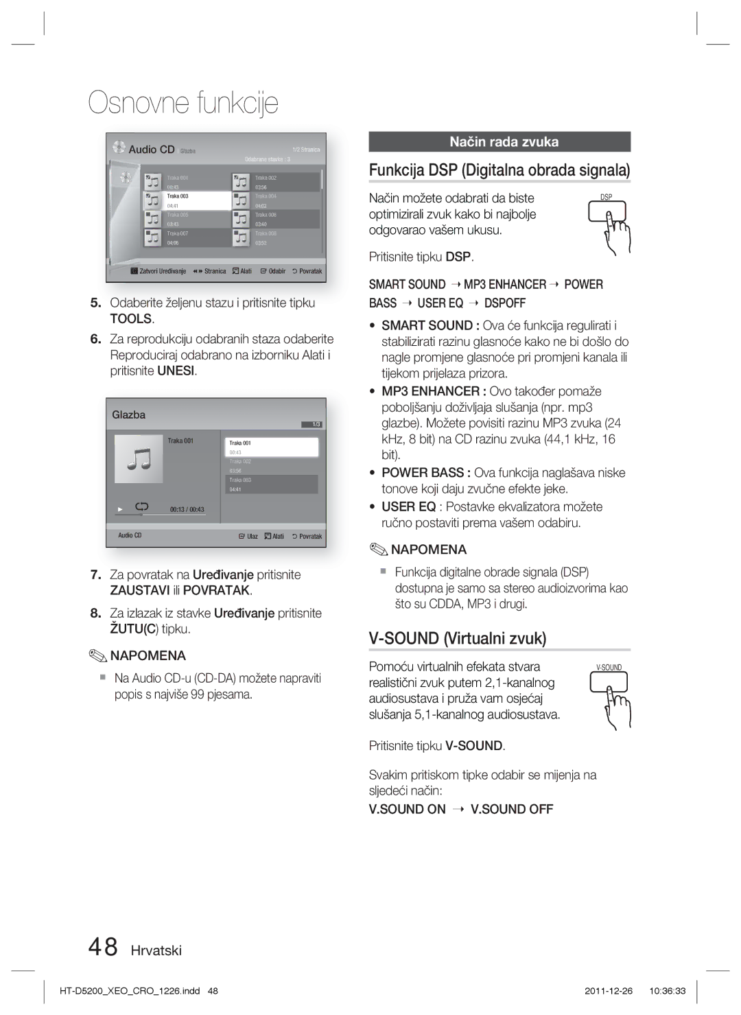 Samsung HT-D5200/EN Funkcija DSP Digitalna obrada signala, Sound Virtualni zvuk, Način rada zvuka, Pritisnite tipku DSP 