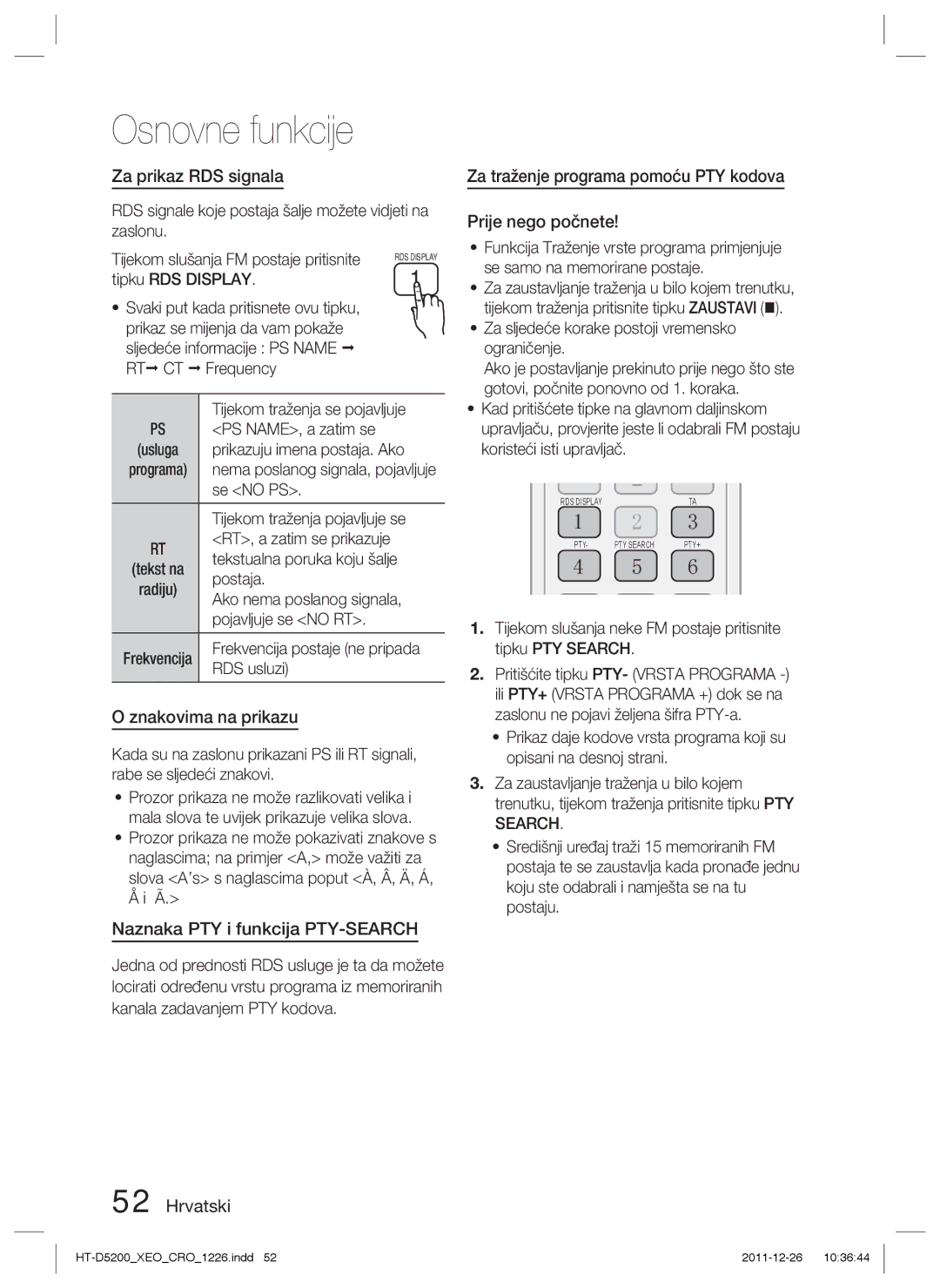 Samsung HT-D5200/EN manual Za prikaz RDS signala, Znakovima na prikazu, Naznaka PTY i funkcija PTY-SEARCH 