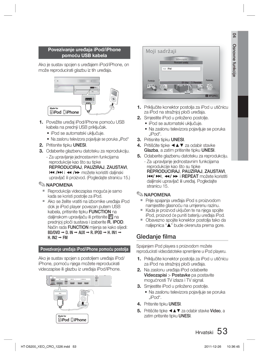 Samsung HT-D5200/EN manual Povezivanje uređaja iPod/iPhone Pomoću USB kabela, REPRODUCIRAJ, PAUZIRAJ, Zaustavi 