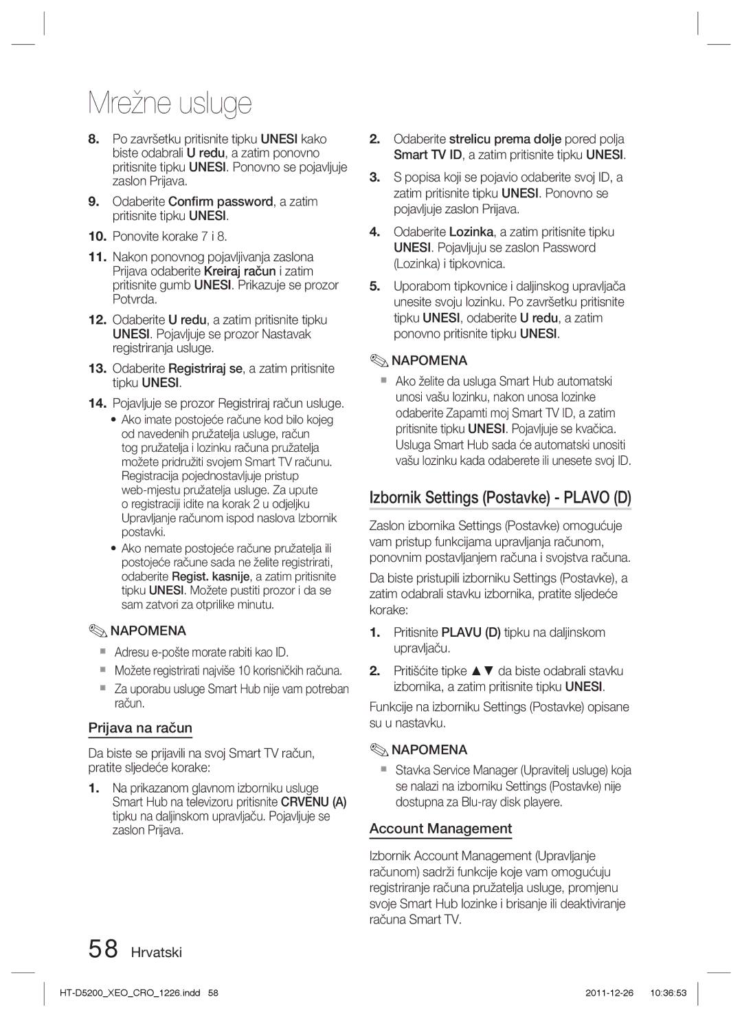 Samsung HT-D5200/EN manual Izbornik Settings Postavke Plavo D, Prijava na račun, Account Management 