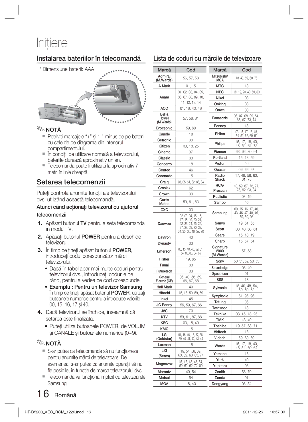 Samsung HT-D5200/EN manual Setarea telecomenzii, 16 Română, Dimensiune baterii AAA, Marcă Cod 