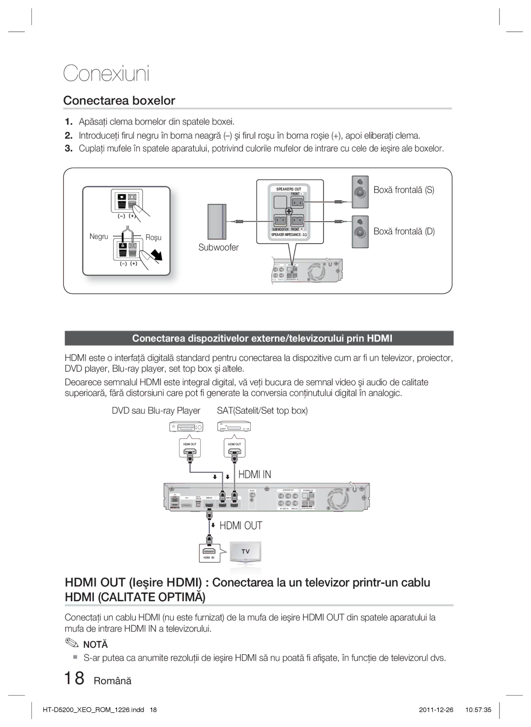 Samsung HT-D5200/EN Conectarea boxelor, Conectarea dispozitivelor externe/televizorului prin Hdmi, 18 Română, Subwoofer 