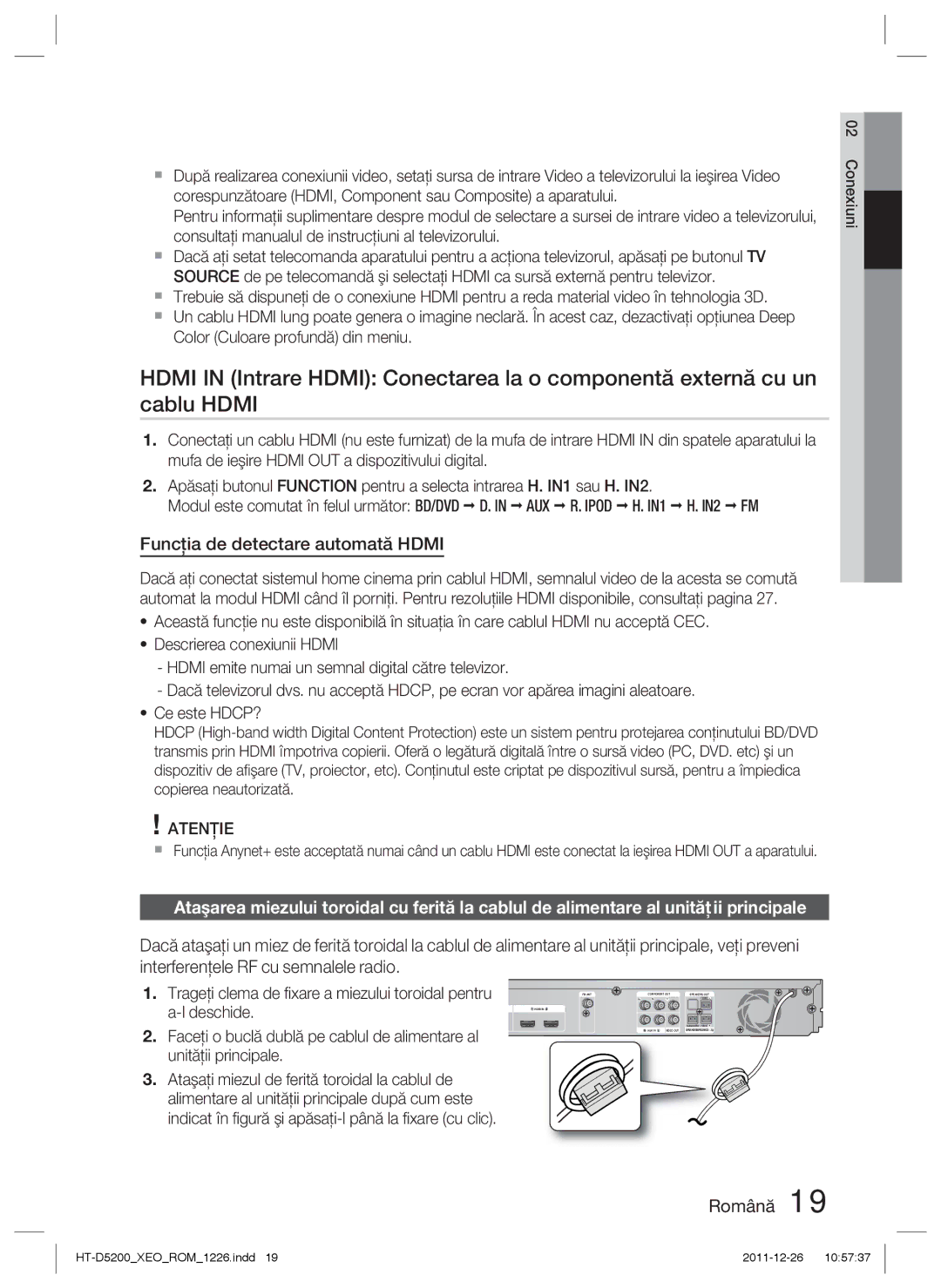 Samsung HT-D5200/EN manual Funcţia de detectare automată Hdmi 