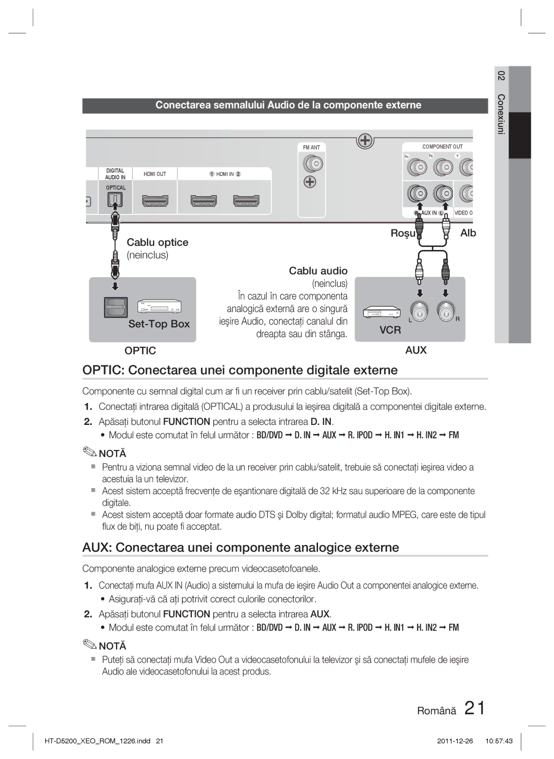 Samsung HT-D5200/EN Optic Conectarea unei componente digitale externe, AUX Conectarea unei componente analogice externe 