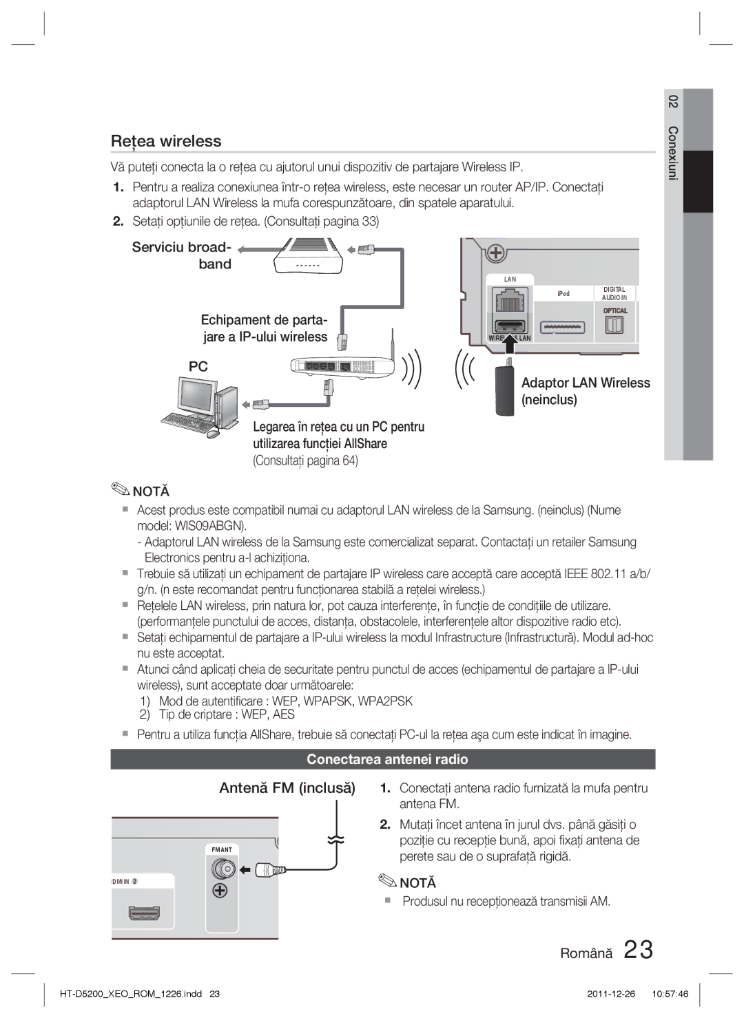 Samsung HT-D5200/EN manual Antenă FM inclusă, Serviciu broad- band, Adaptor LAN Wireless neinclus, Conectarea antenei radio 