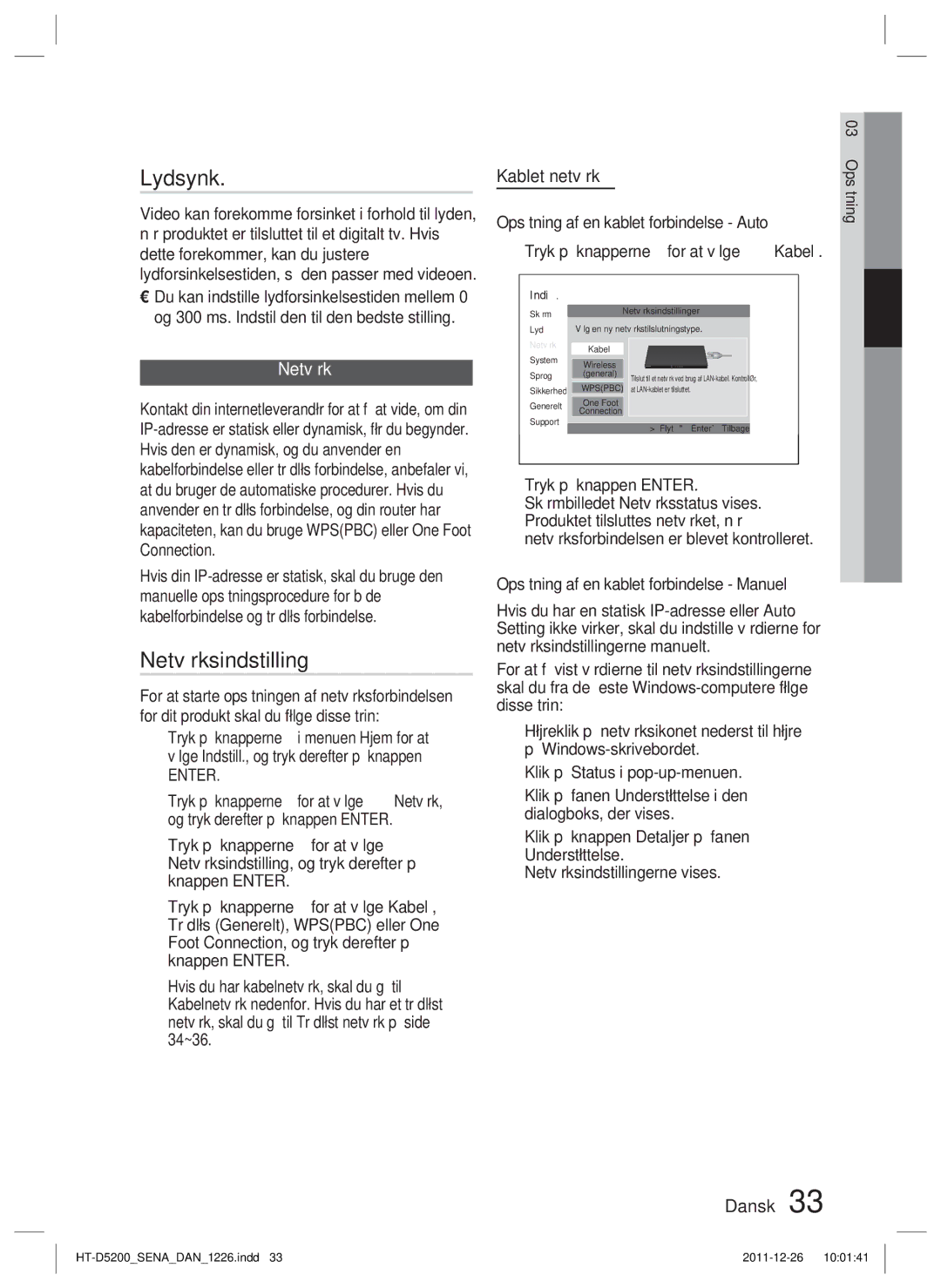 Samsung HT-D5200/XE manual Lydsynk, Netværksindstilling, Kablet netværk 