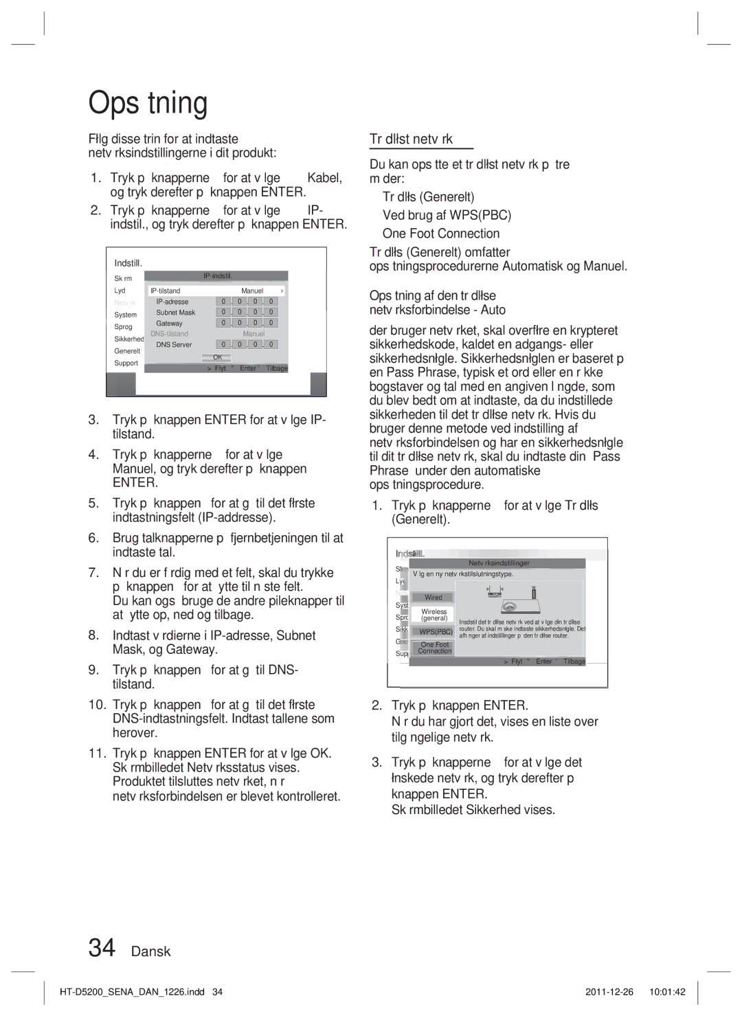 Samsung HT-D5200/XE manual Trådløst netværk, Opsætning af den trådløse netværksforbindelse Auto 