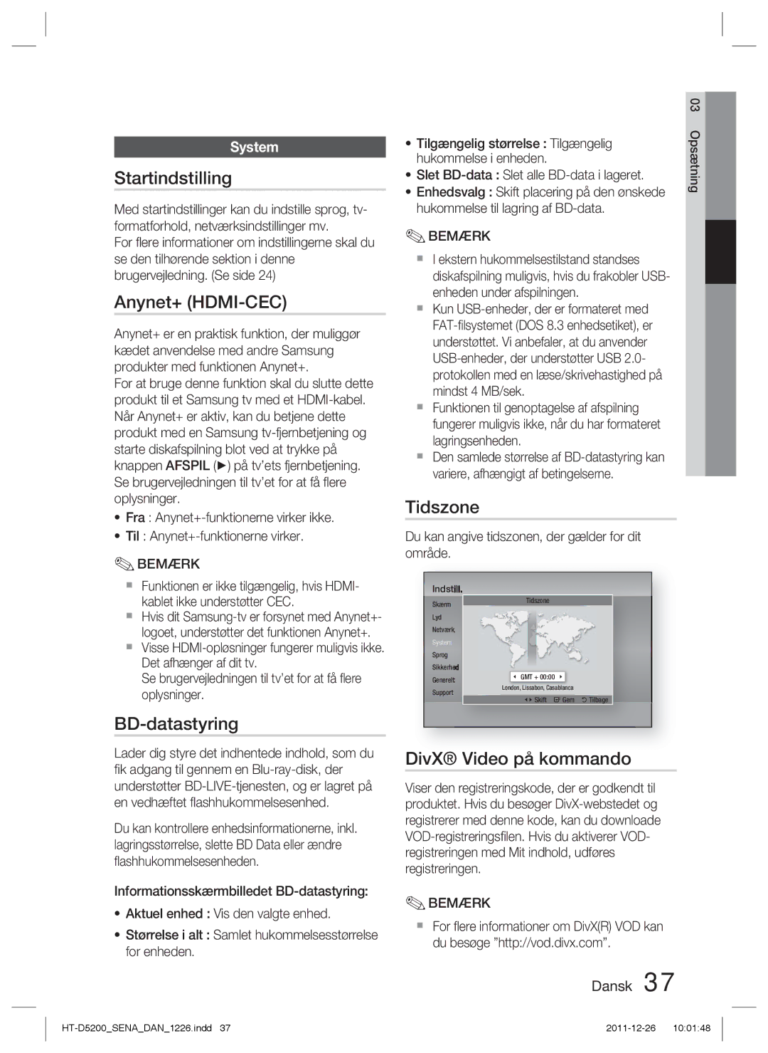 Samsung HT-D5200/XE manual Startindstilling, BD-datastyring, Tidszone, DivX Video på kommando 