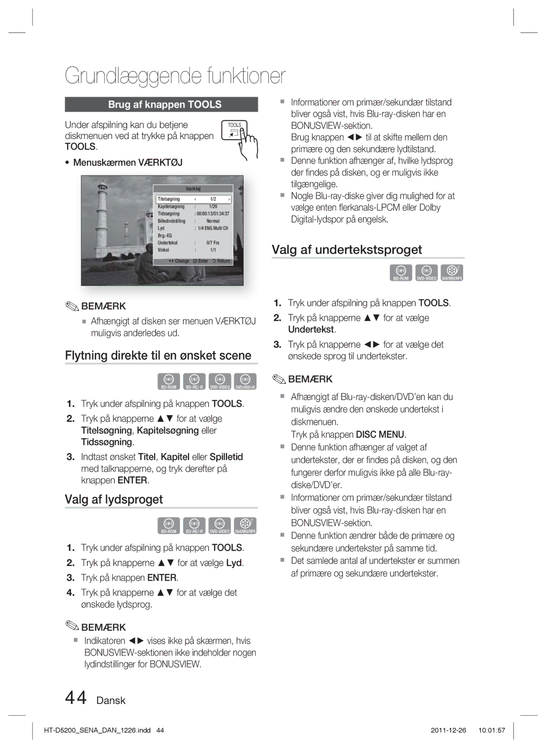 Samsung HT-D5200/XE manual Flytning direkte til en ønsket scene, Valg af lydsproget, Valg af undertekstsproget 