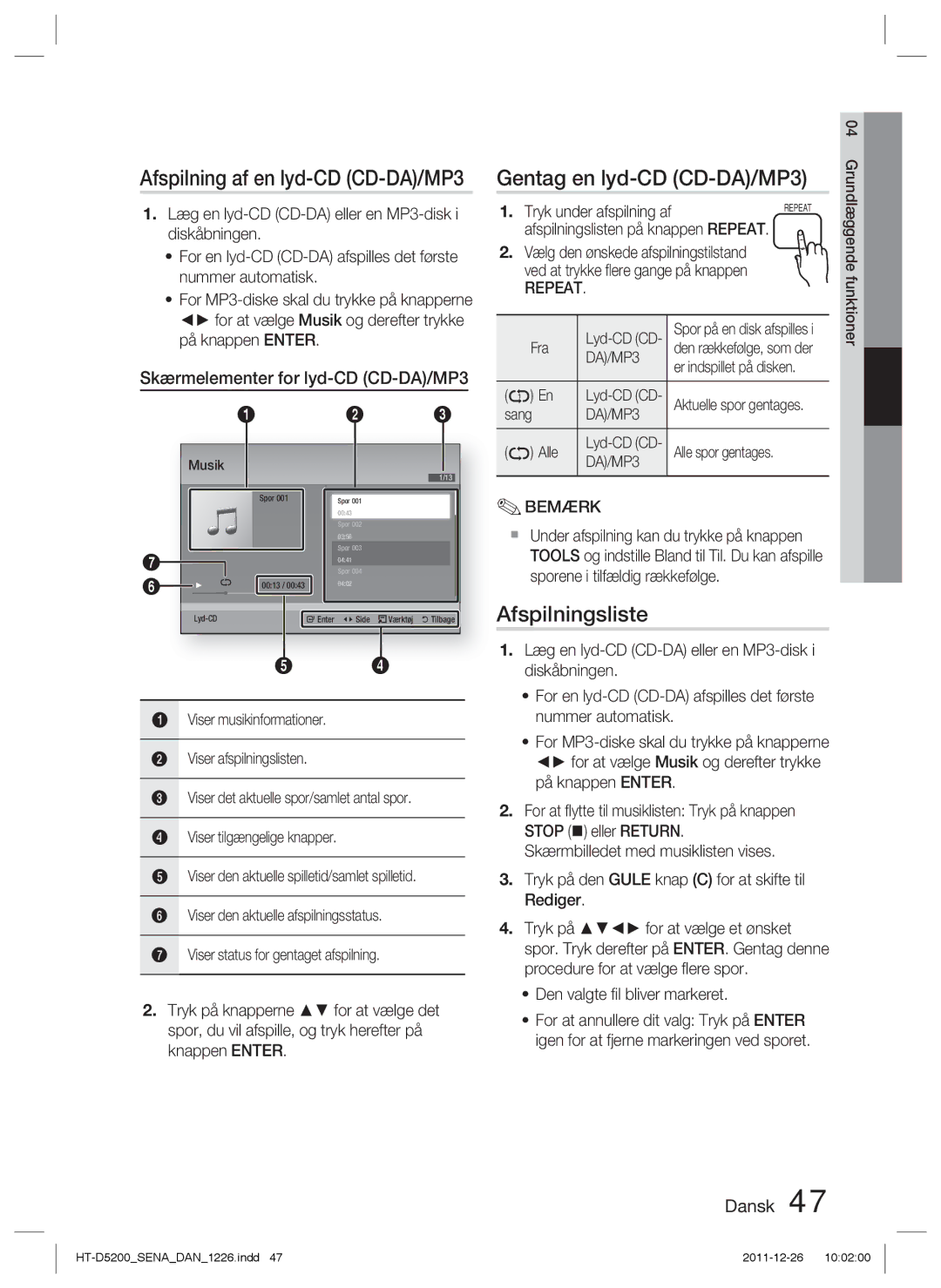 Samsung HT-D5200/XE manual Afspilning af en lyd-CD CD-DA/MP3, Gentag en lyd-CD CD-DA/MP3, Afspilningsliste, Repeat 