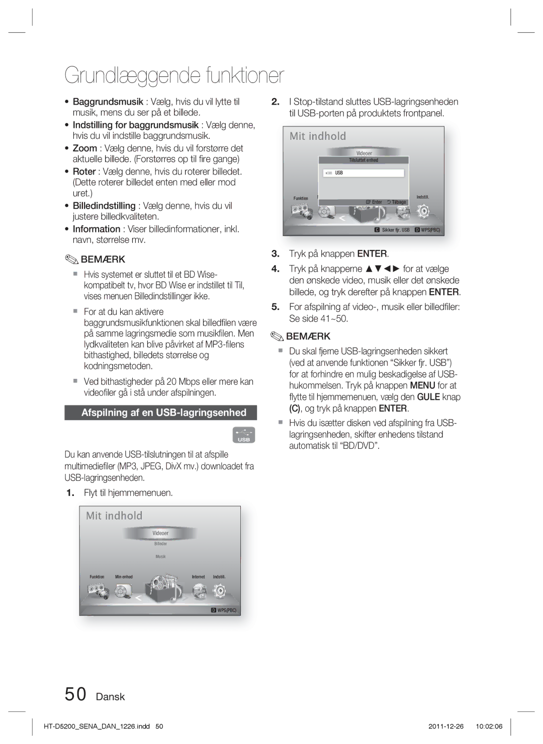 Samsung HT-D5200/XE manual Afspilning af en USB-lagringsenhed, Videoer 