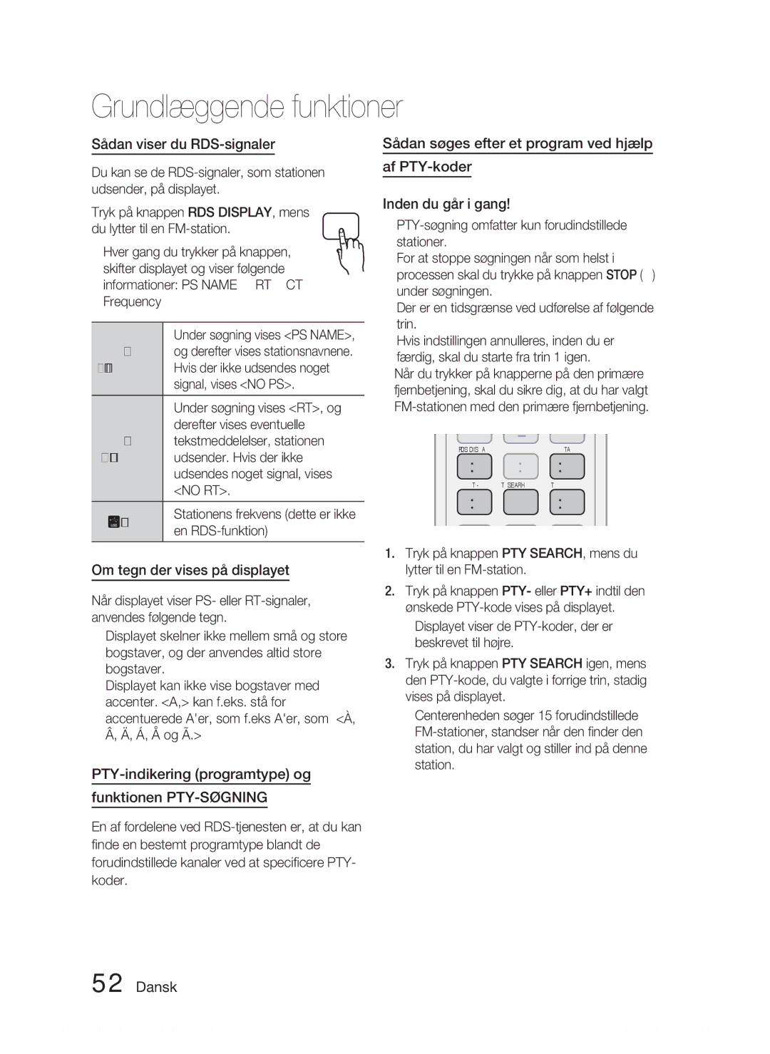 Samsung HT-D5200/XE Af PTY-koder, Om tegn der vises på displayet, PTY-indikering programtype og Funktionen PTY-SØGNING 