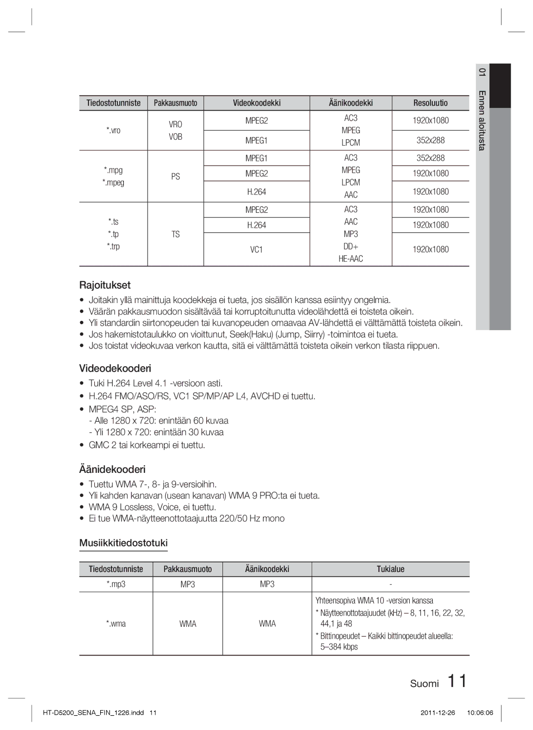 Samsung HT-D5200/XE manual Rajoitukset, Videodekooderi, Äänidekooderi, Musiikkitiedostotuki 