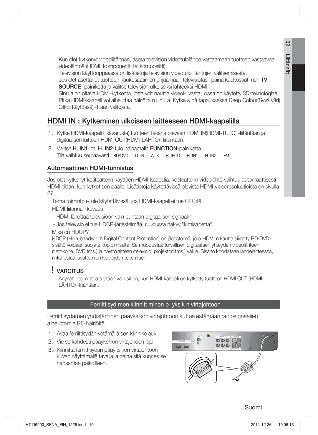 Samsung HT-D5200/XE manual Hdmi in Kytkeminen ulkoiseen laitteeseen HDMI-kaapelilla, Automaattinen HDMI-tunnistus 