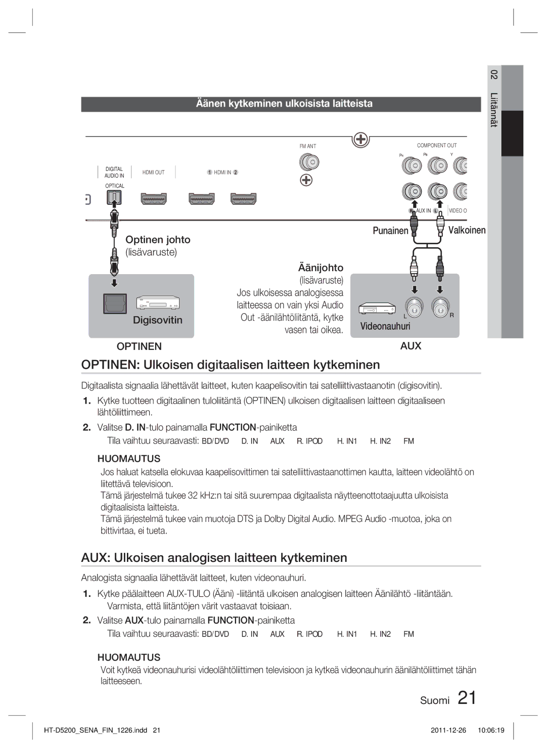 Samsung HT-D5200/XE manual Optinen Ulkoisen digitaalisen laitteen kytkeminen, AUX Ulkoisen analogisen laitteen kytkeminen 