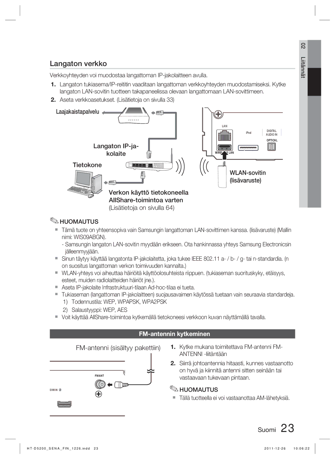 Samsung HT-D5200/XE manual FM-antenni sisältyy pakettiin, WLAN-sovitin lisävaruste, FM-antennin kytkeminen 