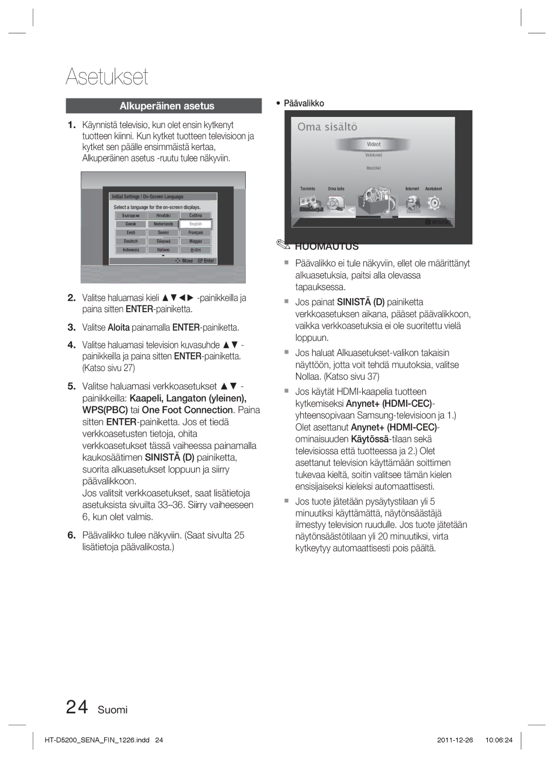 Samsung HT-D5200/XE manual Asetukset, Alkuperäinen asetus 