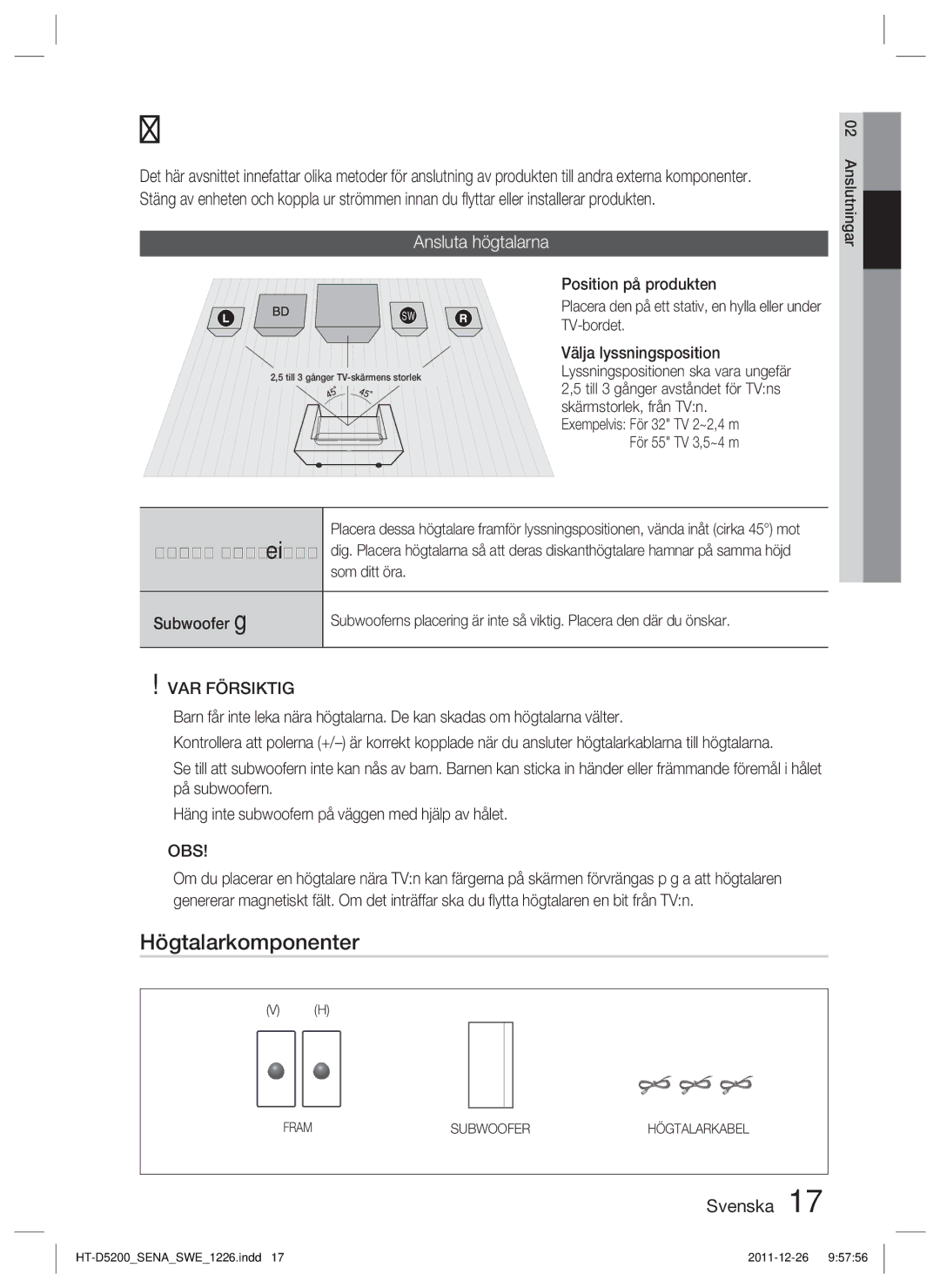 Samsung HT-D5200/XE manual Anslutningar, Högtalarkomponenter, Ansluta högtalarna 