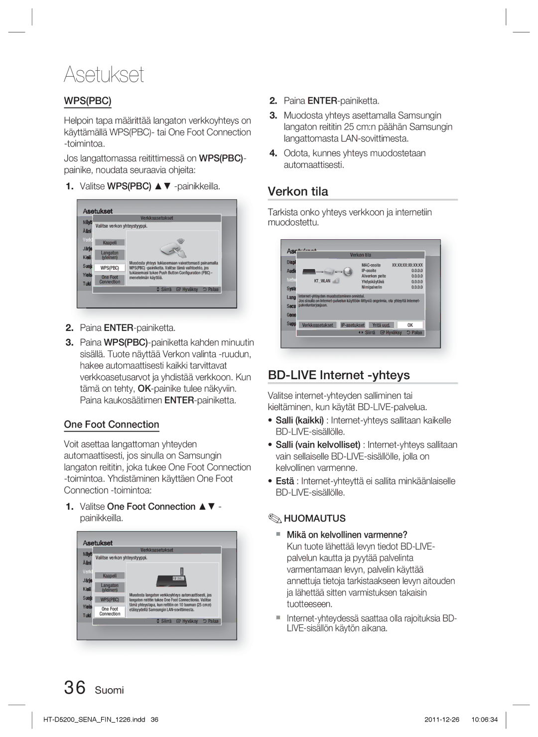 Samsung HT-D5200/XE manual Verkon tila, BD-LIVE Internet -yhteys, Valitse Wpspbc -painikkeilla 